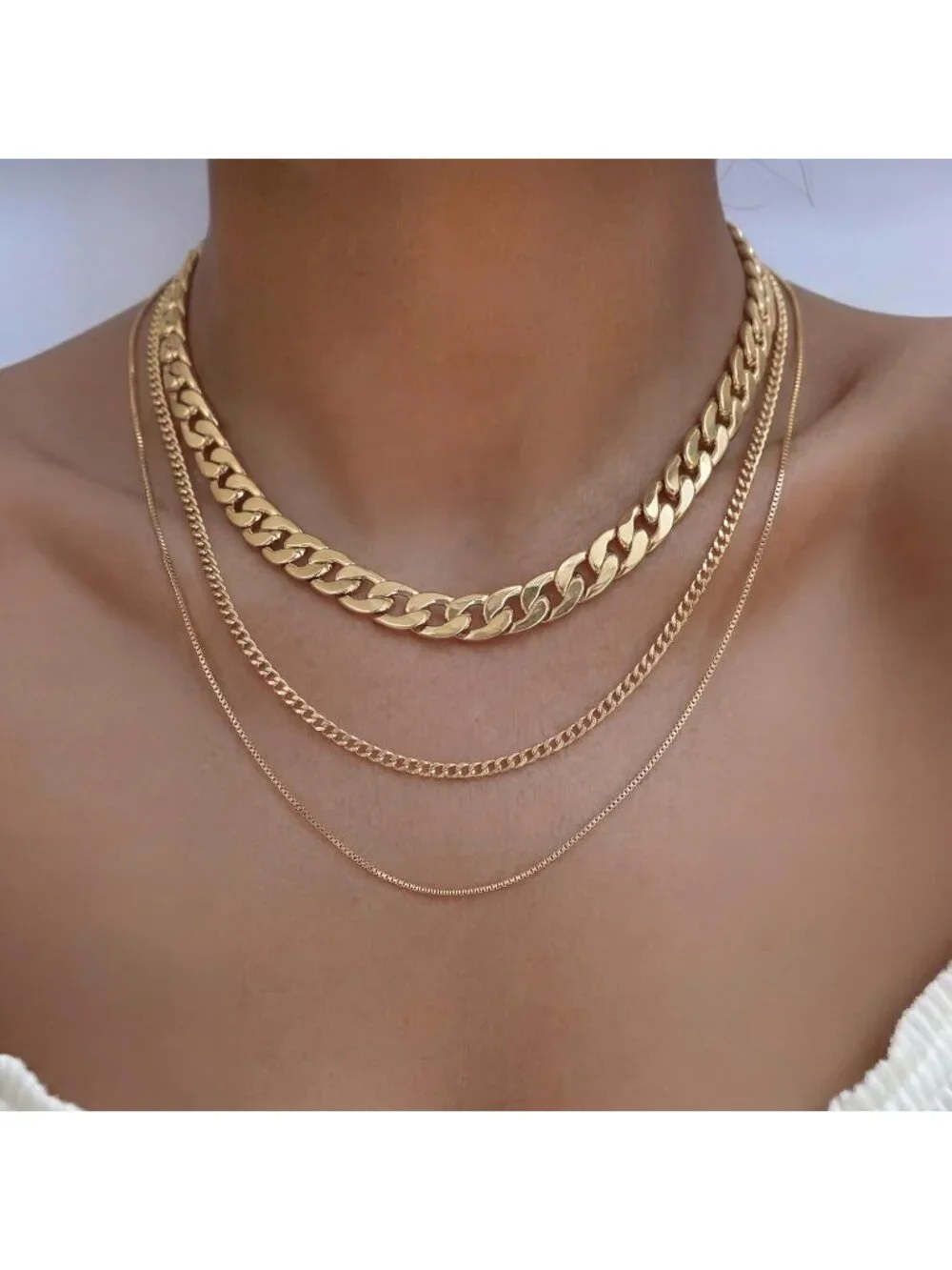 Women's Chunky Cuban Gold Non Tarnish Chunky 14k Gold Plated Layered Necklaces - Picture 3 of 7